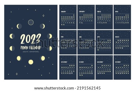 Calendar with all the moon phases foreseen during the year 2023. Poster in vector format. One month per sheet. Isolated icons: can be used independently. Southern Hemisphere Calendar.