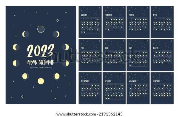 Calendar\
with all the moon phases foreseen during the year 2023. Poster in\
vector format. One month per sheet. Isolated icons: can be used\
independently. Southern Hemisphere\
Calendar.
