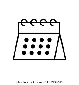 Calendar, almanac or planning thin line icon in black. Flip-up calendar. Trendy flat isolated symbol, sign for: illustration, outline, logo, mobile, app, banner, design, web dev, ui, ux. Vector EPS 10