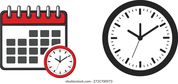 Iconos de calendario y reloj analógico que representan la gestión del tiempo, la programación de citas, los recordatorios de fechas límite y la productividad para la planificación empresarial y personal.