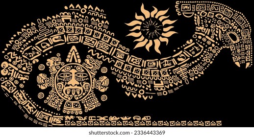 Calendario de los antiguos pueblos mayas. Paquete de iconos, símbolos, letras, máscaras e imágenes de la antigua civilización maya y toletana 
El alfabeto maya. Signos antiguos de Estados Unidos sobre un fondo negro.