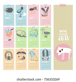 Calendar animals 2018. Vector illustration