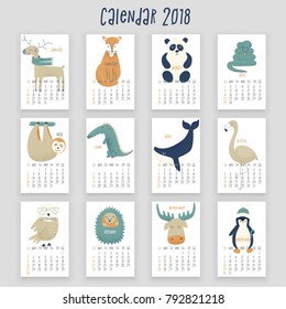 Calendar with animals, 2018 year design with owl, whale, flamingo and panda