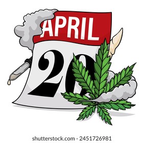 Calendar announcing April 20 or Weed Day with dropper with CBD oil,  joint, smoke and cannabis leaf for 4 20.