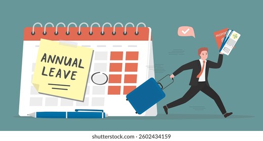 Calendar with annual leave note. Time to vacation, happy businessman with baggage running from office. Annual leave or day off to rest from hard work, schedule reminder. flat vector illustration