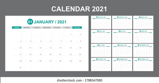 Calendar annual vector template year 2021 for office, layout corporate and company with horizontal, business planner with graphic design, element modern of schedule, Week start on Sunday.