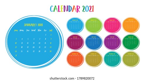 Calendar annual vector template year 2021 for office, layout corporate and company with circle, business planner with graphic design, element modern of schedule, Week start on Sunday.