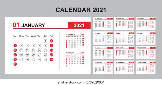 Calendar annual vector template year 2021 for office, layout corporate and company with horizontal, business planner with graphic design, element modern of schedule, Week start on Sunday.