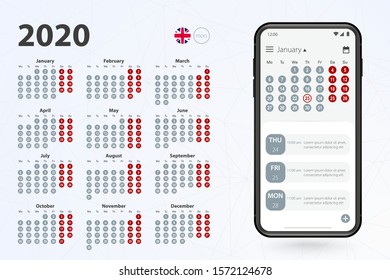Calendar app for Cell phone, vector calendar 2020 week stars from Monday. English calendar in grey colors.