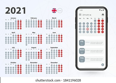 Aplicación de calendario para celulares, calendario vectorial 2021 estrellas de la semana del lunes. Calendario inglés con colores grises.