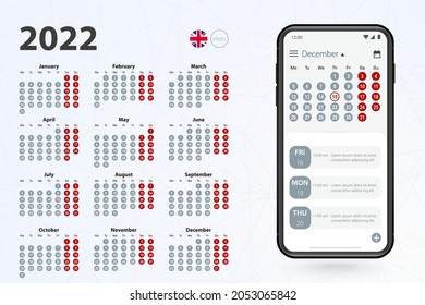 Calendar app for Cell phone, vector calendar 2022 week stars from Monday. English calendar in grey colors.