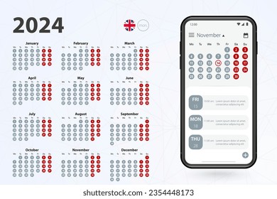 Calendar app for Cell phone, vector calendar 2024 week stars from Monday. English calendar in grey colors.