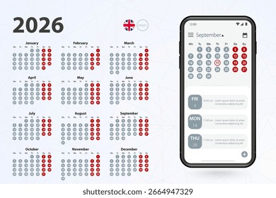 Aplicativo de calendário para celular, calendário vetorial 2026 estrelas da semana a partir de segunda-feira. Calendário inglês em cores cinzas.