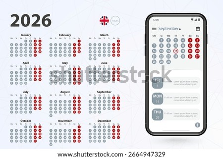 Calendar app for Cell phone, vector calendar 2026 week stars from Monday. English calendar in grey colors.