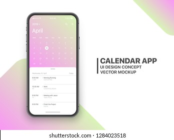 Calendar App Concept April 2019 Page with To Do List and Tasks UI UX Design Mockup Vector on Frameless Smartphone Screen Isolated on White Background. Planner Application Template for Mobile Phone