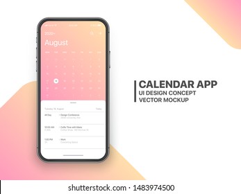 Calendar App Concept August 2020 Page with To Do List and Tasks UI UX Design Mockup Vector on Frameless Smartphone Screen Isolated on White Background. Planner Application Template for Mobile Phone