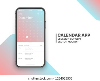 Calendar App Concept December 2019 Page with To Do List and Tasks UI UX Design Mockup Vector on Frameless Smartphone Screen Isolated on White Background. Planner Application Template for Mobile Phone