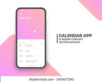 Calendar App Concept February 2020 Page with To Do List and Tasks UI UX Design Mockup Vector on Frameless Smartphone Screen Isolated on White Background. Planner Application Template for Mobile Phone