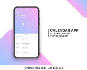 Página Concepto de Aplicación de Calendario Enero de 2019 con Lista de Tareas y Vector de Traducción de Diseño UX de UI de Tareas en Pantalla de Smartphone sin marco aislado en fondo blanco. Plantilla de aplicación planificadora para teléfono móvil