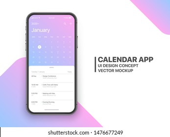 Calendar App Concept January 2020 Page with To Do List and Tasks UI UX Design Mockup Vector on Frameless Smartphone Screen Isolated on White Background. Planner Application Template for Mobile Phone