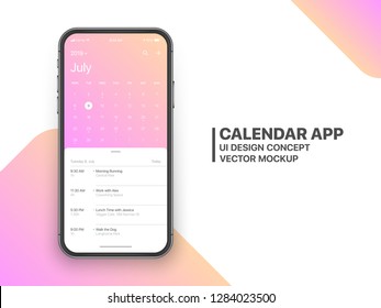 Calendar App Concept July 2019 Page with To Do List and Tasks UI UX Design Mockup Vector on Frameless Smartphone Screen Isolated on White Background. Planner Application Template for Mobile Phone