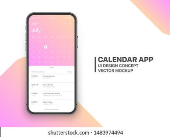 Calendar App Concept July 2020 Page with To Do List and Tasks UI UX Design Mockup Vector on Frameless Smartphone Screen Isolated on White Background. Planner Application Template for Mobile Phone