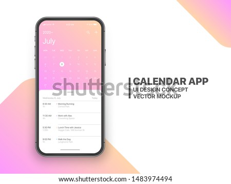 Calendar App Concept July 2020 Page with To Do List and Tasks UI UX Design Mockup Vector on Frameless Smartphone Screen Isolated on White Background. Planner Application Template for Mobile Phone