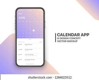 Página Concepto de Aplicación de Calendario Junio de 2019 con Lista de Tareas y Vector de Traducción de Diseño UX de UI de Tareas en Pantalla de Smartphone sin marco aislado en fondo blanco. Plantilla de aplicación planificadora para teléfono móvil