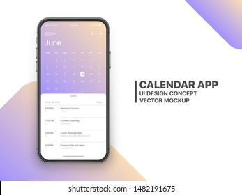 Página Concepto de aplicación de calendario Junio de 2020 con Vector de combinación de diseño de interfaz de usuario para tareas y lista de tareas en pantalla Smartphone sin marco aislado en fondo blanco. Plantilla de aplicación planificadora para teléfono móvil