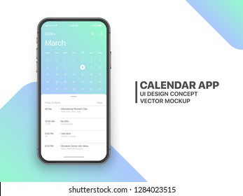 Página de março de 2019 do conceito de aplicativo de calendário com lista de tarefas e tarefas UI Design Mockup Vector na tela do smartphone sem moldura isolada no fundo branco. Modelo de aplicativo do planejador para celular