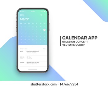 Calendar App Concept March 2020 Page with To Do List and Tasks UI UX Design Mockup Vector on Frameless Smartphone Screen Isolated on White Background. Planner Application Template for Mobile Phone