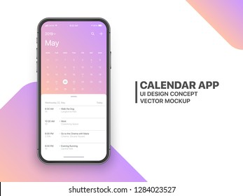 Calendar App Concept May 2019 Page with To Do List and Tasks UI UX Design Mockup Vector on Frameless Smartphone Screen Isolated on White Background. Planner Application Template for Mobile Phone