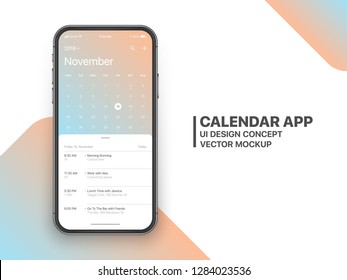 Página Concepto de aplicación de calendario Noviembre de 2019 con Vector de mordazas de diseño UX de lista de tareas y lista de tareas en pantalla Smartphone sin marco aislado en fondo blanco. Plantilla de aplicación planificadora para teléfono móvil