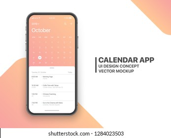 Calendar App Concept October 2019 Page and To Do List   Tasks UI UX Design Mockup Vector Frameless Smartphone Screen Isolated White Background  Planner Application Template for Mobile Phone