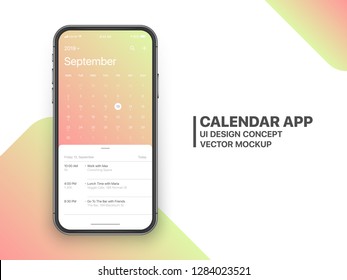 Calendar App Concept September 2019 Page with To Do List and Tasks UI UX Design Mockup Vector on Frameless Smartphone Screen Isolated on White Background. Planner Application Template for Mobile Phone
