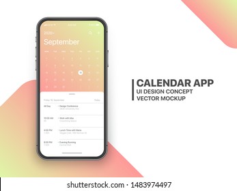 Calendar App Concept September 2020 Page With To Do List And Tasks UI UX Design Mockup Vector On Frameless Smartphone Screen Isolated On White Background. Planner Application Template For Mobile Phone