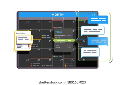 Calendar app interface showing month. Reminder, today and chat messaging pop up windows elements. Time management & planning application. Flat vector element clipart illustration