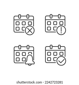 Calendar app management pixel perfect linear icons set. Meeting reminder. Daily schedule. Upcoming activities. Customizable thin line symbols. Isolated vector outline illustrations. Editable stroke