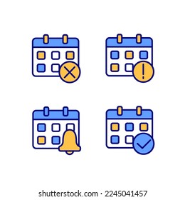 Calendar app management pixel perfect RGB color icons set. Meeting reminder. Daily schedule. Upcoming activities. Isolated vector illustrations. Simple filled line drawings collection. Editable stroke