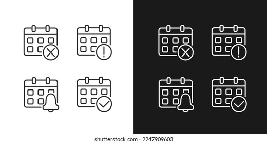 Calendar app management pixel perfect linear icons set for dark, light mode. Meeting reminder. Daily schedule. Thin line symbols for night, day theme. Isolated illustrations. Editable stroke