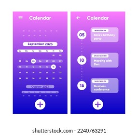 Calendar App mockup. Month, week and day interface application. Daily tasks screen. Weekly checklist application. Planner template. 3D interface, UX for app. Vector illustration.
