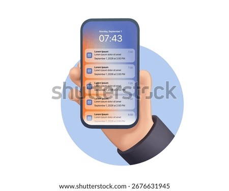 Calendar app notification on phone template. Scheduled events push popup banner. Message alert mock-up. Digital planner for task management productivity organization. 3D render mobile screen layout