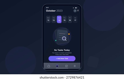 El App del calendario está abierto en un teléfono inteligente, mostrando el 14 de octubre de 2023, sin tareas programadas. El usuario puede añadir nuevas tareas o disfrutar del tiempo libre durante el día.