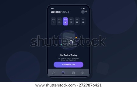 The calendar app is open on a smartphone, showing October 14, 2023, with no tasks scheduled. The user can add new tasks or enjoy free time during the day.