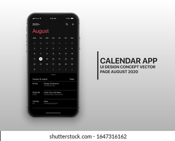 Calendar App Page August 2020 To Do List and Tasks UI UX Design Mockup Dark Mode Realistic Vector Frameless Smartphone Screen Isolated on White Background. Planner Application Template Mobile Phone