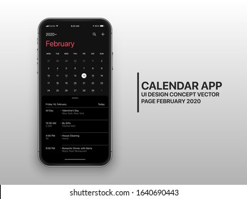 Calendar App Page February 2020 To Do List and Tasks UI UX Design Mockup Dark Mode Vector on Frameless Smartphone Screen Isolated on White Background. Planner Application Template for Mobile Phone