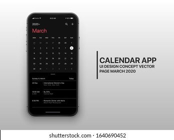 Calendar App Page March 2020 with To Do List and Tasks UI UX Design Mockup Dark Mode Vector on Frameless Smartphone Screen Isolated on White Background. Planner Application Template for Mobile Phone