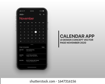 Calendar App Page November 2020 To Do List and Tasks UI UX Design Mockup Dark Mode Realistic Vector Frameless Smartphone Screen Isolated on White Background. Planner Application Template Mobile Phone