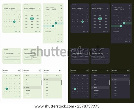 Calendar App Page. Planner for Mobile Phone. Date picker components ui for planning app.