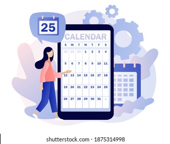 Aplicación de calendario. Concepto de programación. Gestión del tiempo, planificación empresarial, calendario. Estilo moderno de dibujos animados planos. Ilustración del vector sobre fondo blanco